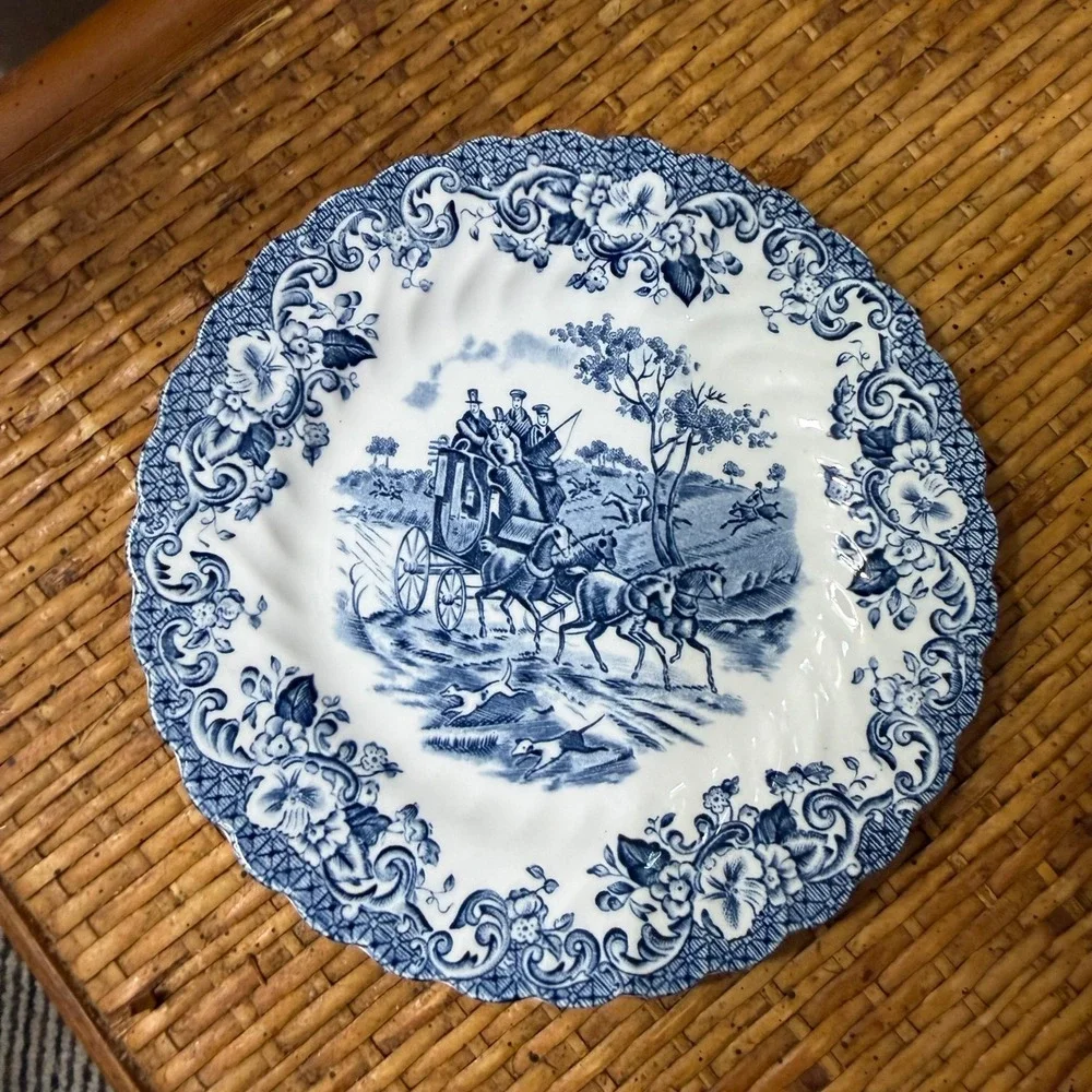 Vintage Johnson Brothers Coaching Scenes Blue Bread Butter Plates Pair
